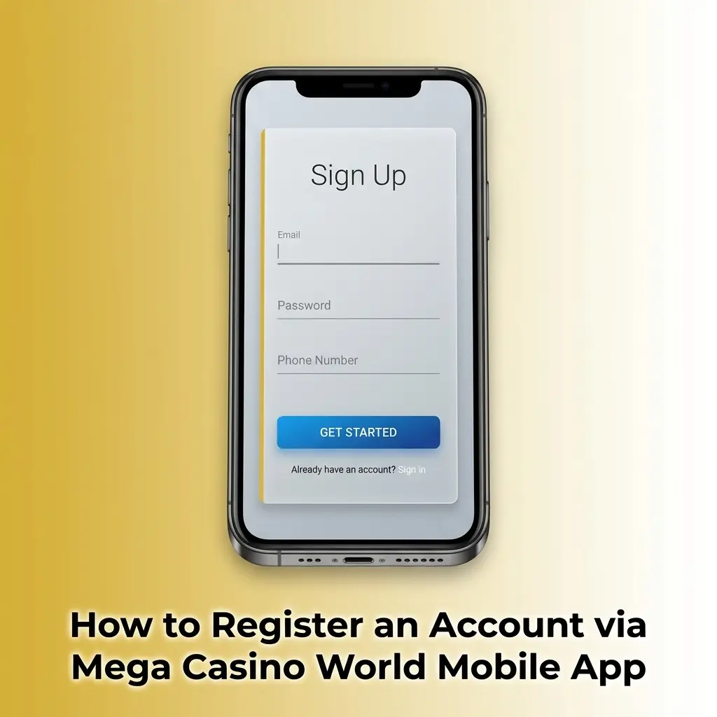 Step-by-step guide to registering an account on Mega Casino World mobile app using phone number and BDT currency.