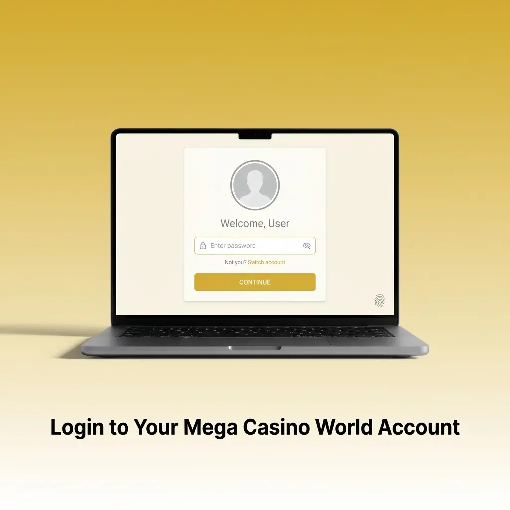 Login screen for Mega Casino World account showing email and password fields for quick access
