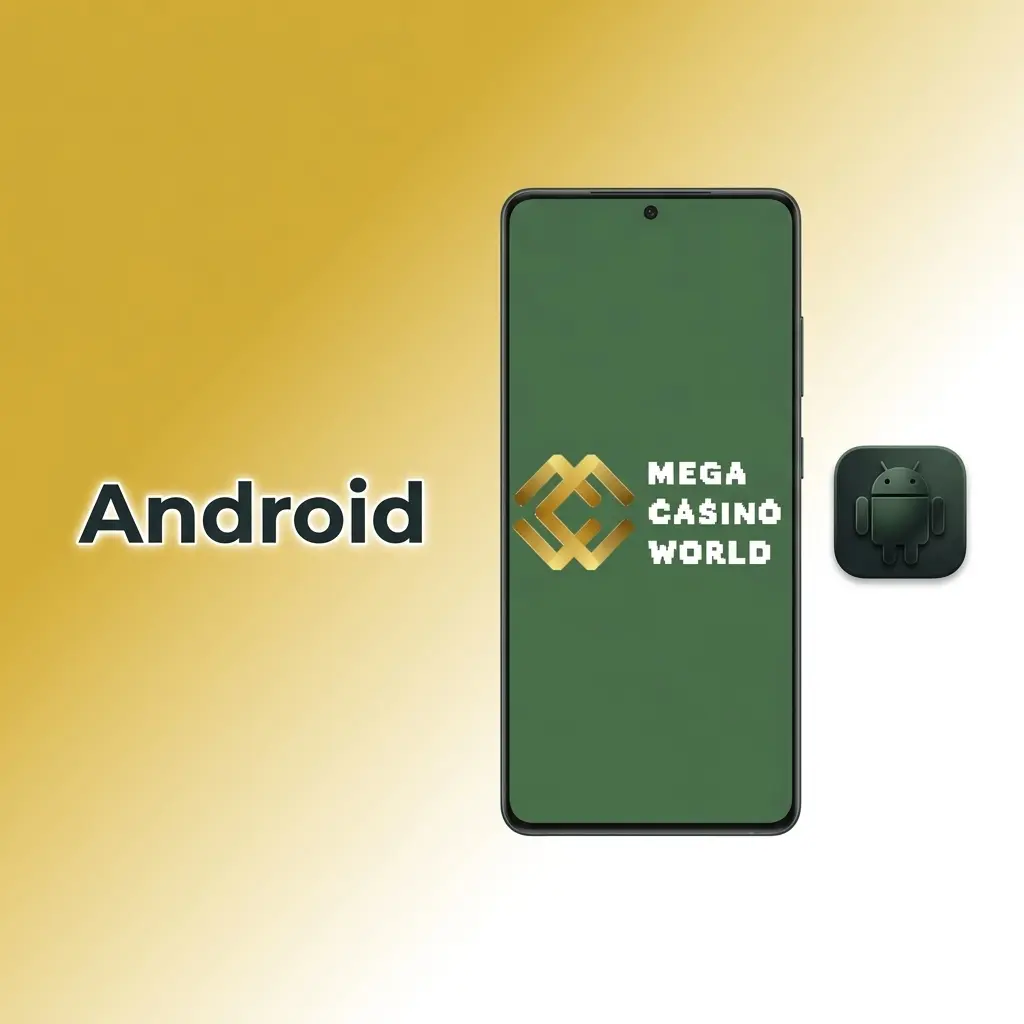 Mega Casino World Android app icon showing APK download and install steps for Android 6.0 and above