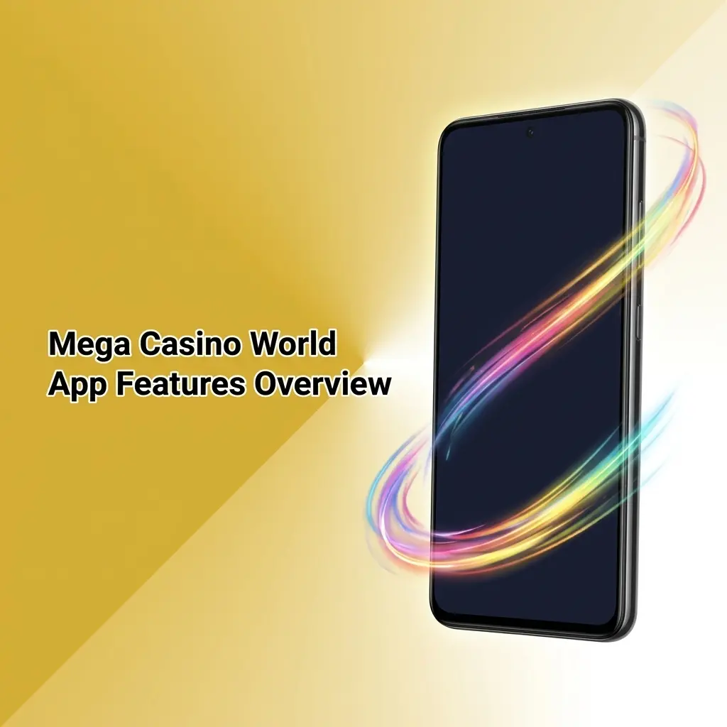 Mega Casino World app screen showing live betting odds, casino games, wallet options, and secure login features overview