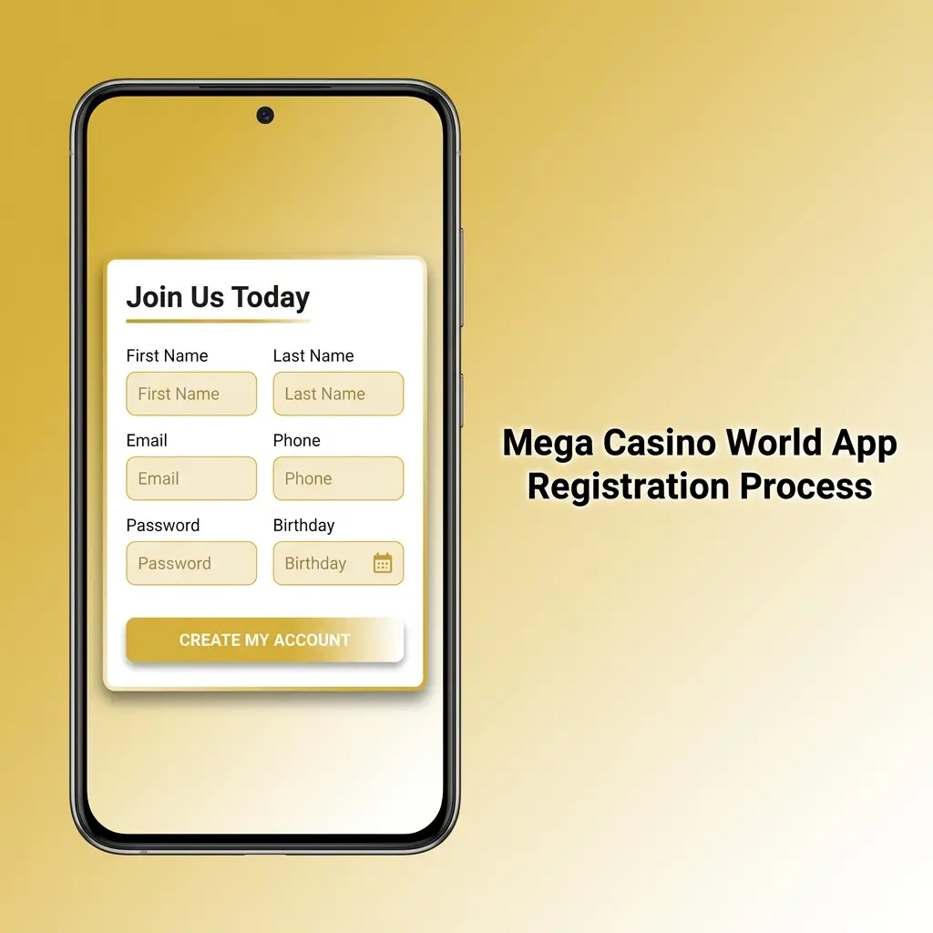 Step-by-step guide to registering on Mega Casino World app using mobile number, BDT currency, and OTP verification in Bangladesh.