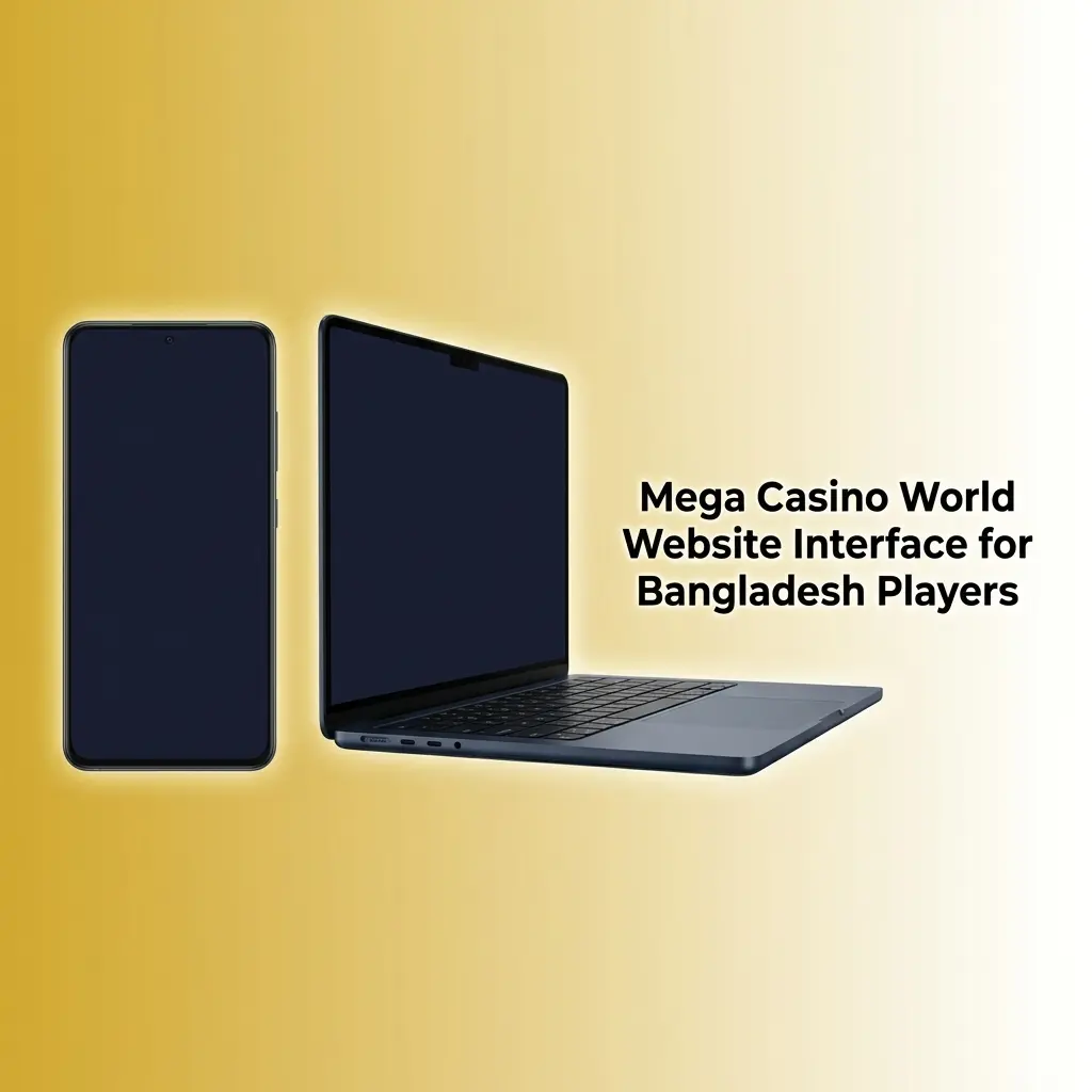 Mega Casino World website interface showing navigation bar with Sports, Casino, BDT currency, and Bengali toggle for Bangladesh players