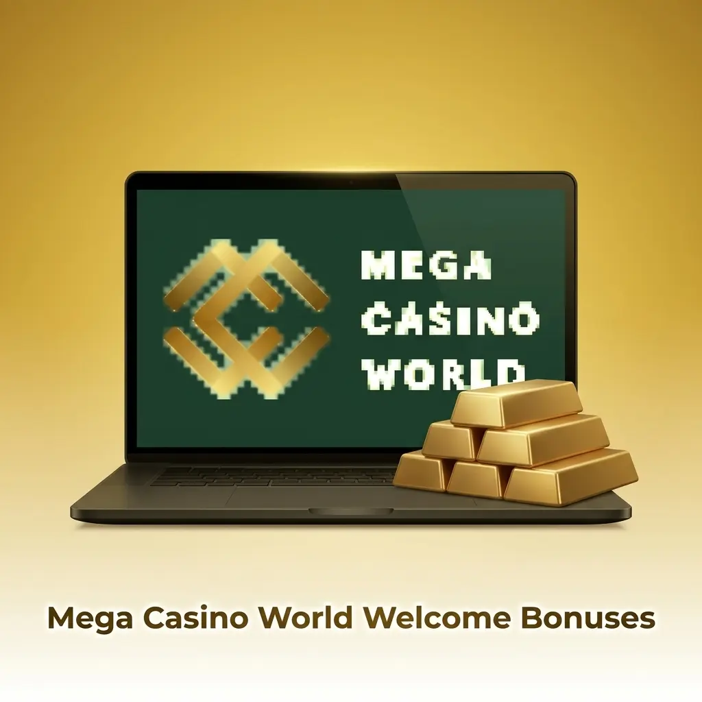 Mega Casino World welcome bonuses table showing slots, sportsbook, and live casino offers with wagering terms