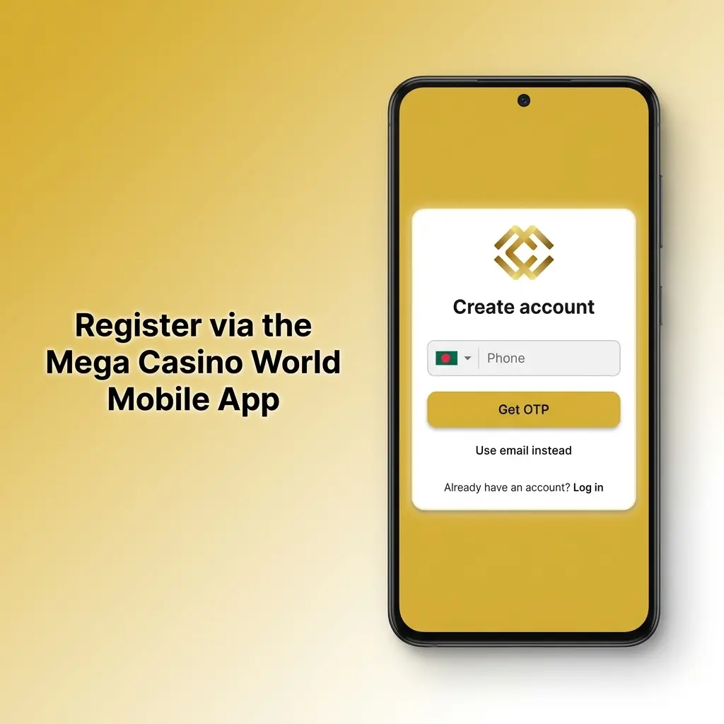 Screenshot showing how to register on Mega Casino World mobile app via Android APK, sign up, and verify account details.