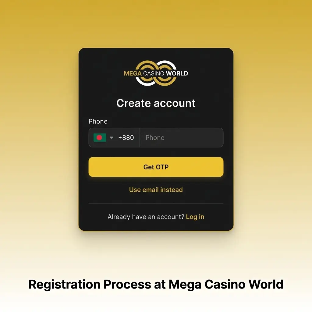 Step-by-step registration guide for Mega Casino World showing account setup, OTP verification, and 150% welcome bonus activation.