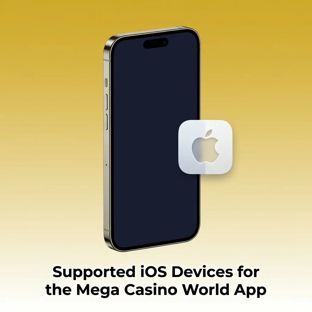 Table of supported iPhone models for the Mega Casino World app, including iPhone 16 Pro Max, 15, 14, 13, and SE