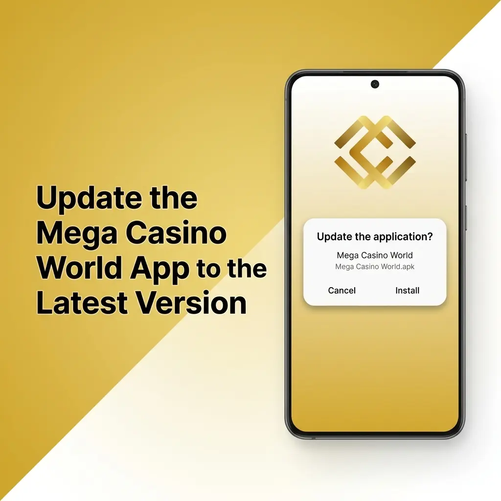 Screenshot showing how to update the Mega Casino World app via the in-app "Update Now" banner and APK download.